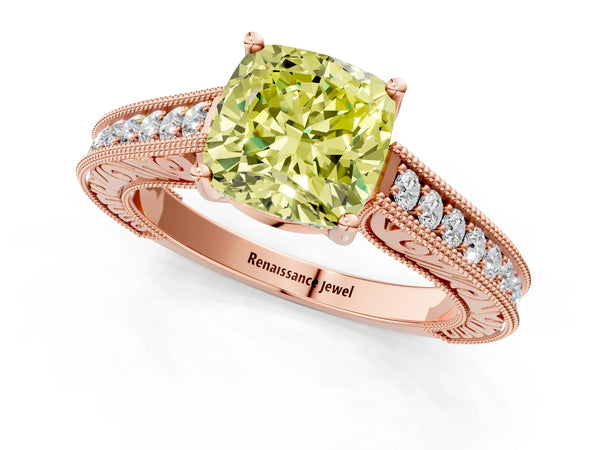 Rose gold Fancy Yellow Cushion Cut Cut Pave Band Milgrain Solitaire Ring