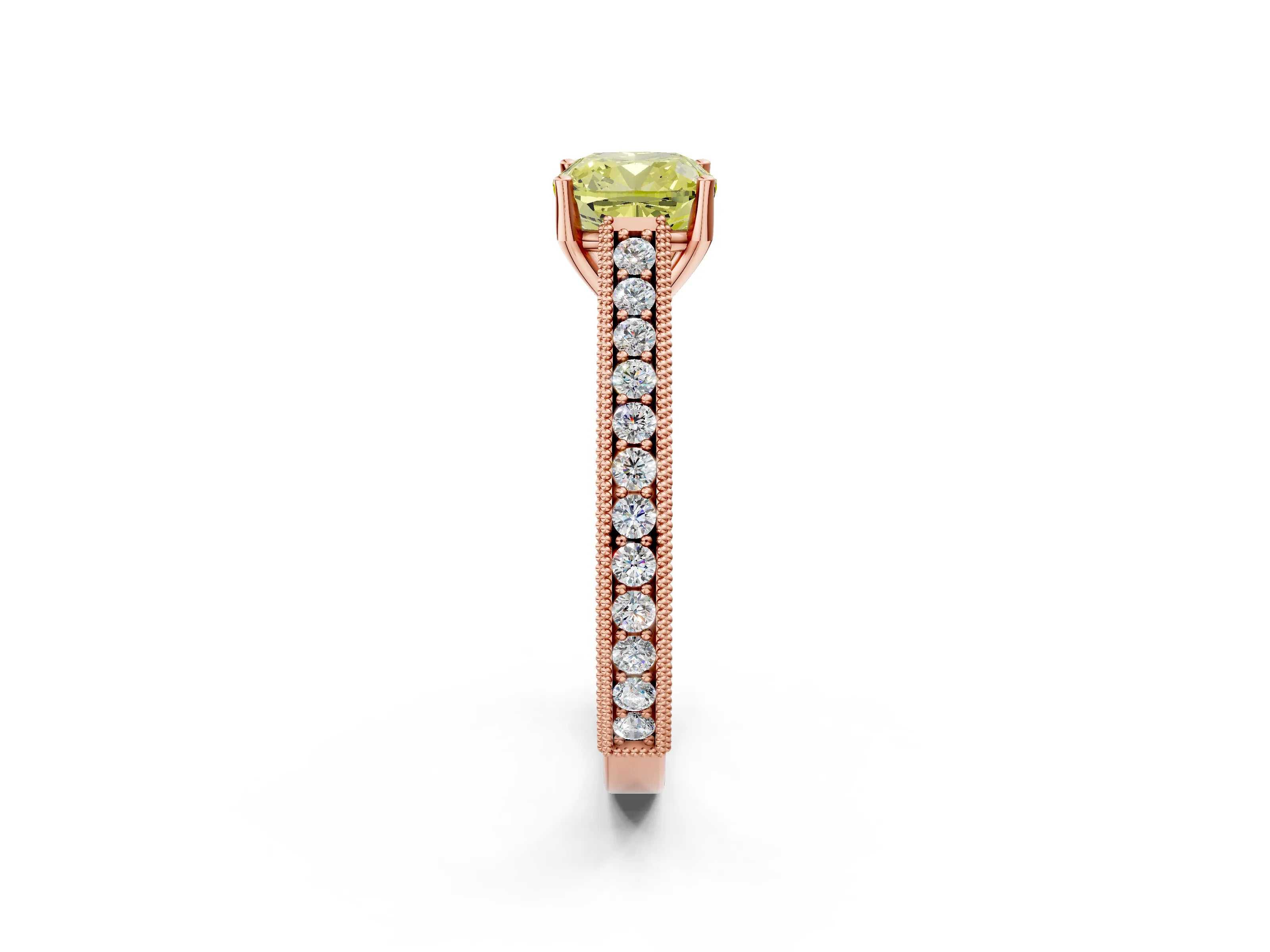 Rose gold Fancy Yellow Cushion Cut Cut Pave Band Milgrain Solitaire Ring_2