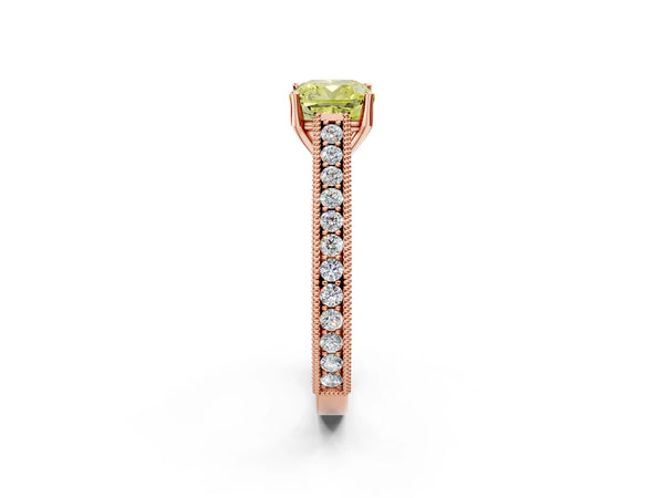 Rose gold Fancy Yellow Cushion Cut Cut Pave Band Milgrain Solitaire Ring