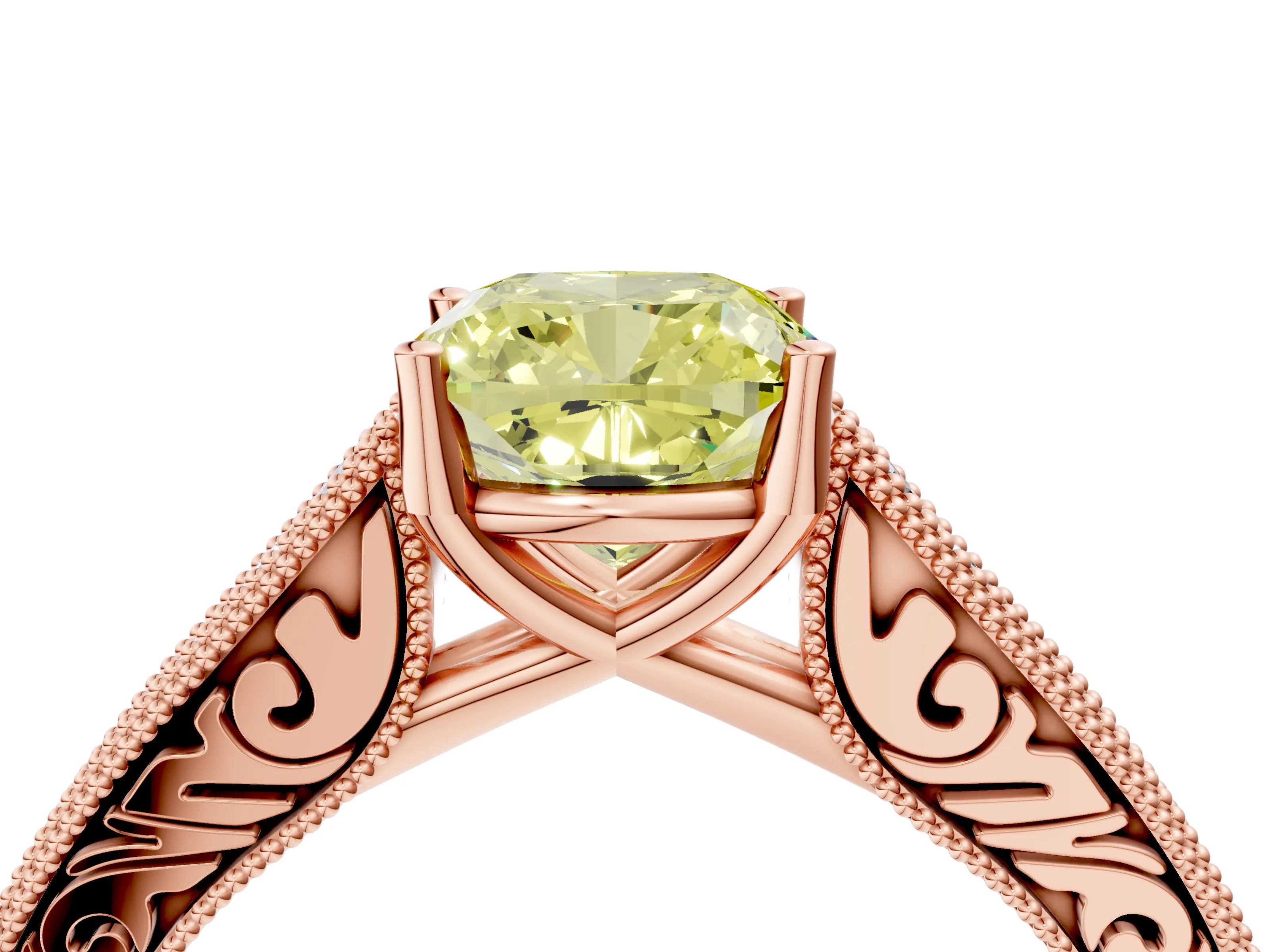Rose gold Fancy Yellow Cushion Cut Cut Pave Band Milgrain Solitaire Ring_4