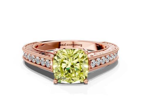 Rose gold Fancy Yellow Cushion Cut Cut Pave Band Milgrain Solitaire Ring