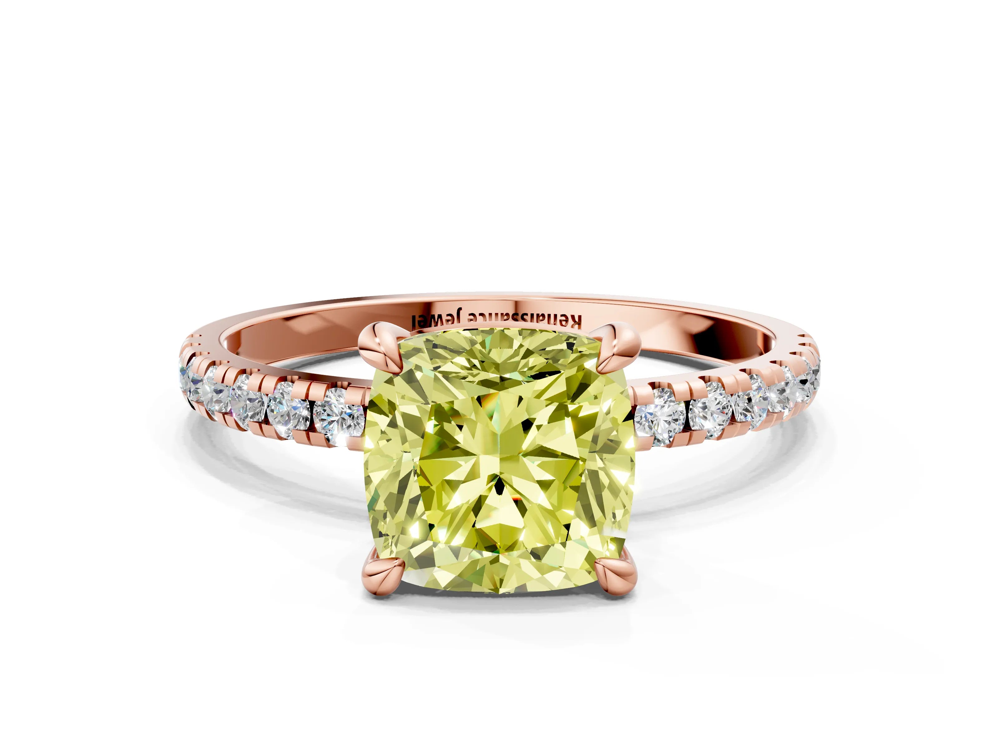 Rose gold Fancy Yellow Cushion Cut Diamond Brilliant Solitaire Ring with Pavé Band and Four-Prong Setting