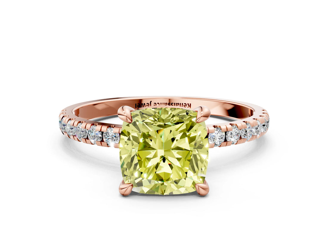 Rose gold Fancy Yellow Cushion Cut Diamond Brilliant Solitaire Ring with Pavé Band and Four-Prong Setting_12