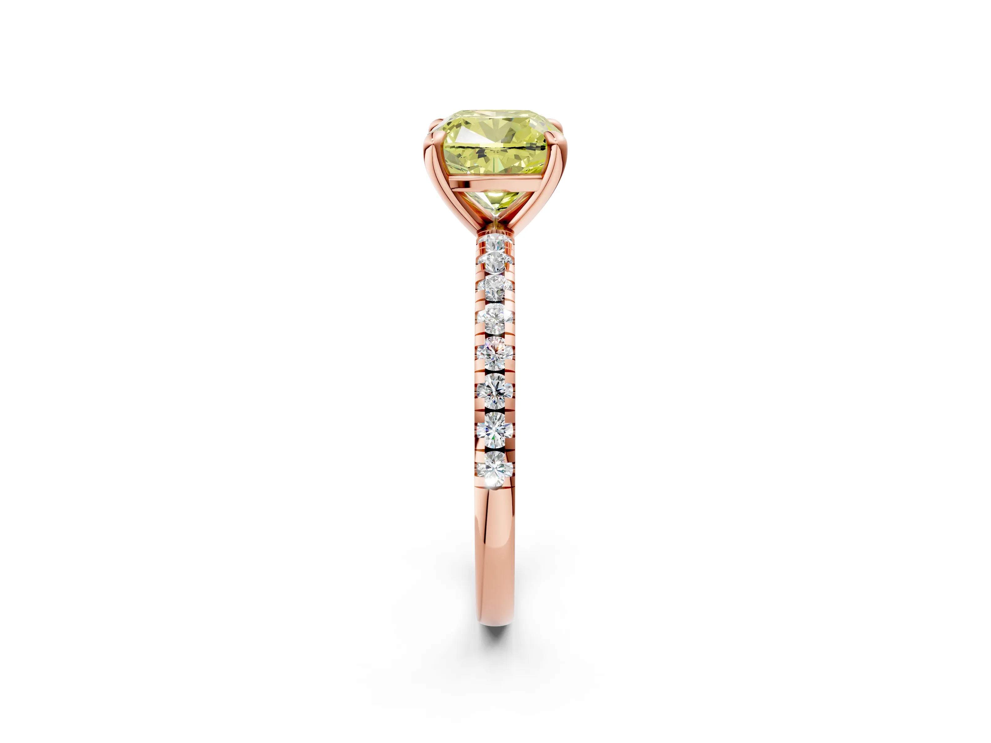Rose gold Fancy Yellow Cushion Cut Diamond Brilliant Solitaire Ring with Pavé Band and Four-Prong Setting_2