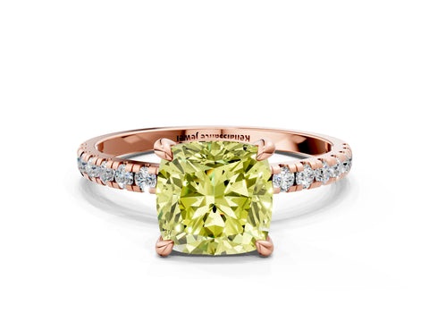 Rose gold Fancy Yellow Cushion Cut Diamond Brilliant Solitaire Ring with Pavé Band and Four-Prong Setting
