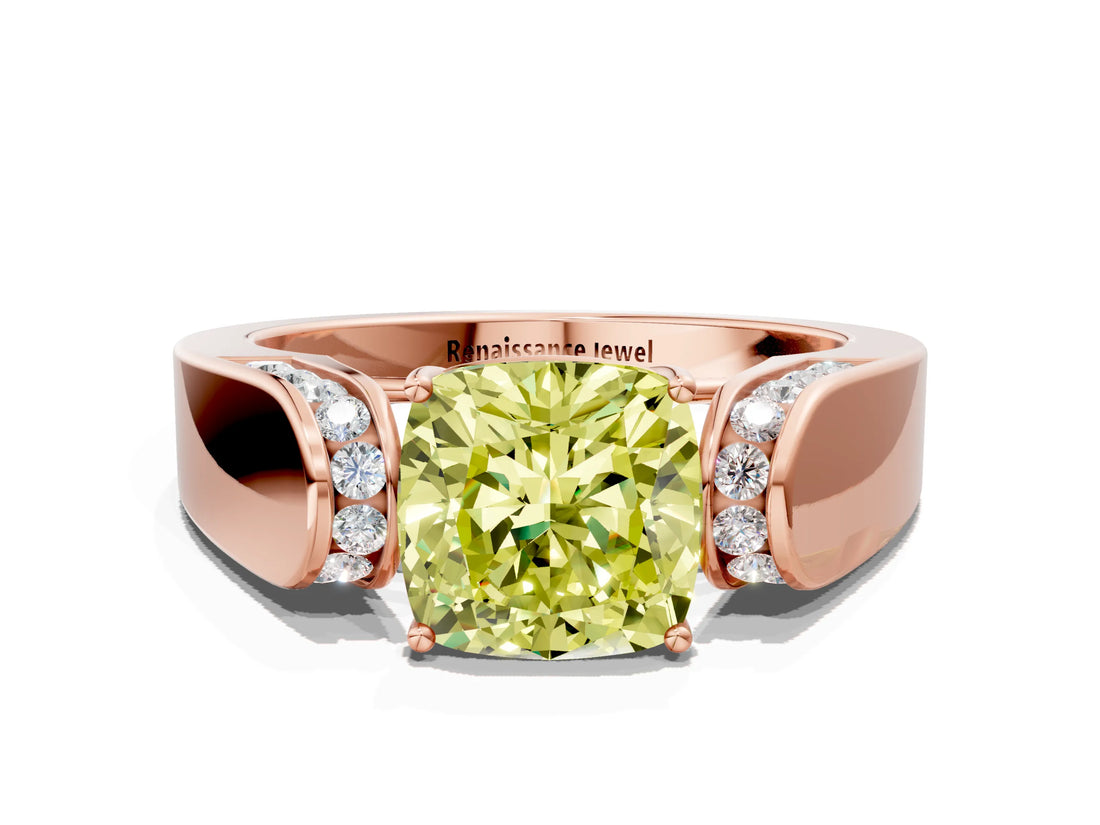 Rose gold Fancy Yellow Cushion Cut Diamond Channel Set Solitaire Ring with Four-Prong Setting_12