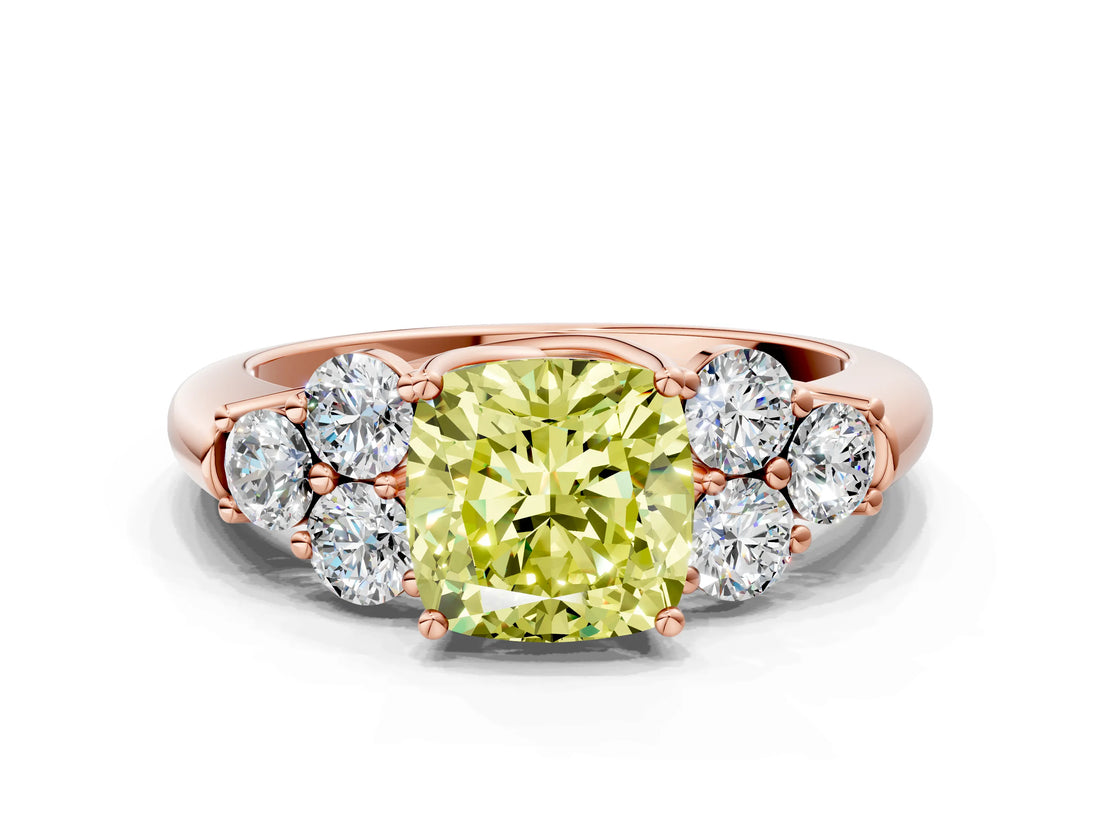 Rose gold Fancy Yellow Cushion  Cut Diamond Cluster Ring with Round Accent Stones and Prong Setting on a Classic Band_48