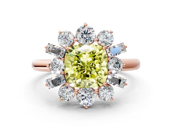 Rose gold Fancy Yellow Cushion Cut Diamond Cluster Ring with Round and Baguette Stones, Split Shank Band, Prong Setting