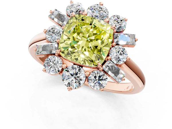 Rose gold Fancy Yellow Cushion Cut Diamond Cluster Ring with Round and Baguette Stones, Split Shank Band, Prong Setting