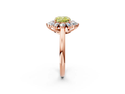 Rose gold Fancy Yellow Cushion Cut Diamond Cluster Ring with Round and Baguette Stones, Split Shank Band, Prong Setting_2
