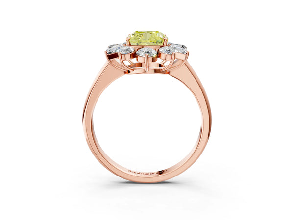 Rose gold Fancy Yellow Cushion Cut Diamond Cluster Ring with Round and Baguette Stones, Split Shank Band, Prong Setting