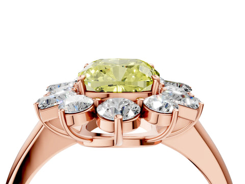 Rose gold Fancy Yellow Cushion Cut Diamond Cluster Ring with Round and Baguette Stones, Split Shank Band, Prong Setting_4
