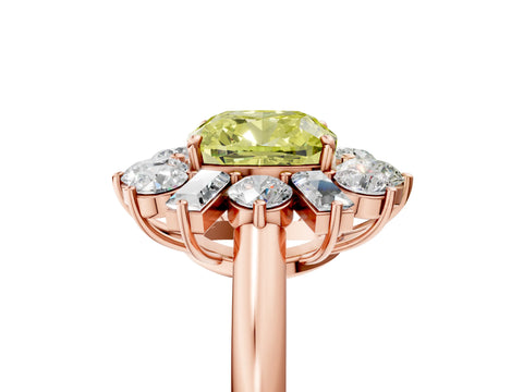 Rose gold Fancy Yellow Cushion Cut Diamond Cluster Ring with Round and Baguette Stones, Split Shank Band, Prong Setting_5