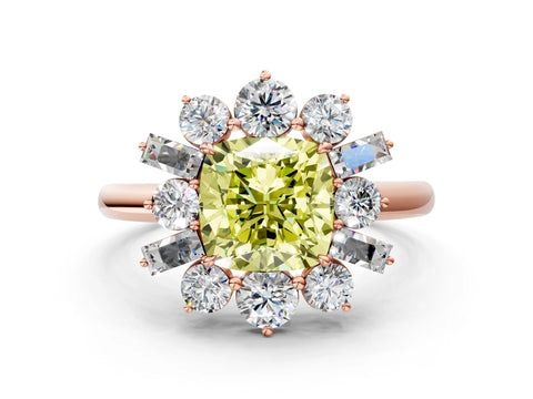 Rose gold Fancy Yellow Cushion Cut Diamond Cluster Ring with Round and Baguette Stones, Split Shank Band, Prong Setting