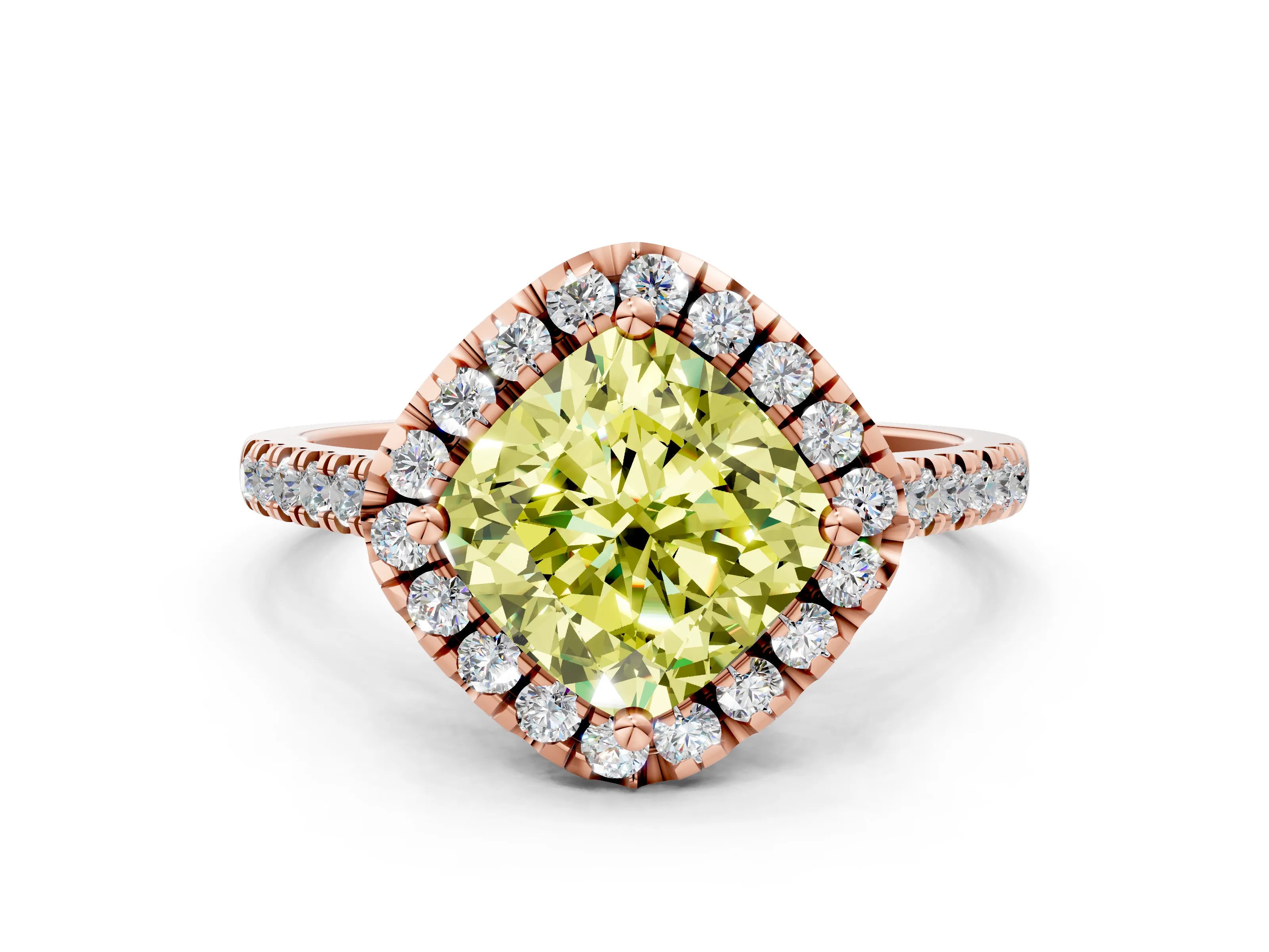 Rose gold Fancy Yellow Cushion Cut Diamond Cushion Halo Ring with Pavé Band