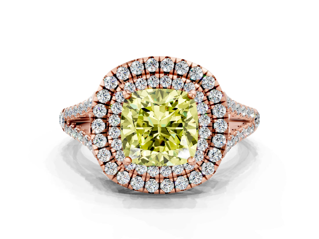 Rose gold Fancy Yellow Cushion Cut Diamond Double Halo Ring with Pavé Band and Prong Setting_74