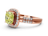 Rose gold Fancy Yellow Cushion Cut Diamond Double Halo Ring with Split Shank and Four-Prong Setting