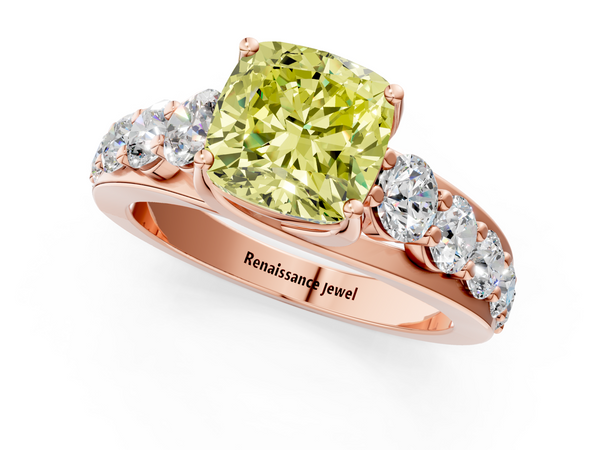 Rose gold Fancy Yellow Cushion Cut Diamond Engagement Ring with Pavé Band and Four-Prong Setting