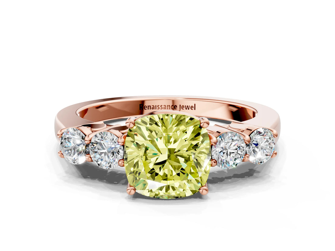 Rose gold Fancy Yellow Cushion  Cut Diamond Five-Stone Prong Set White Gold Ring_32