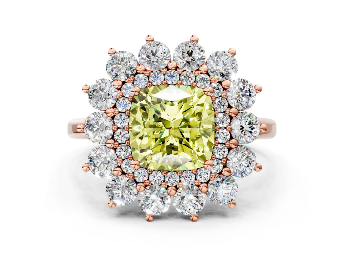 Rose gold Fancy Yellow Cushion Cut Diamond Floral Double Halo Engagement Ring with Prong Setting_25