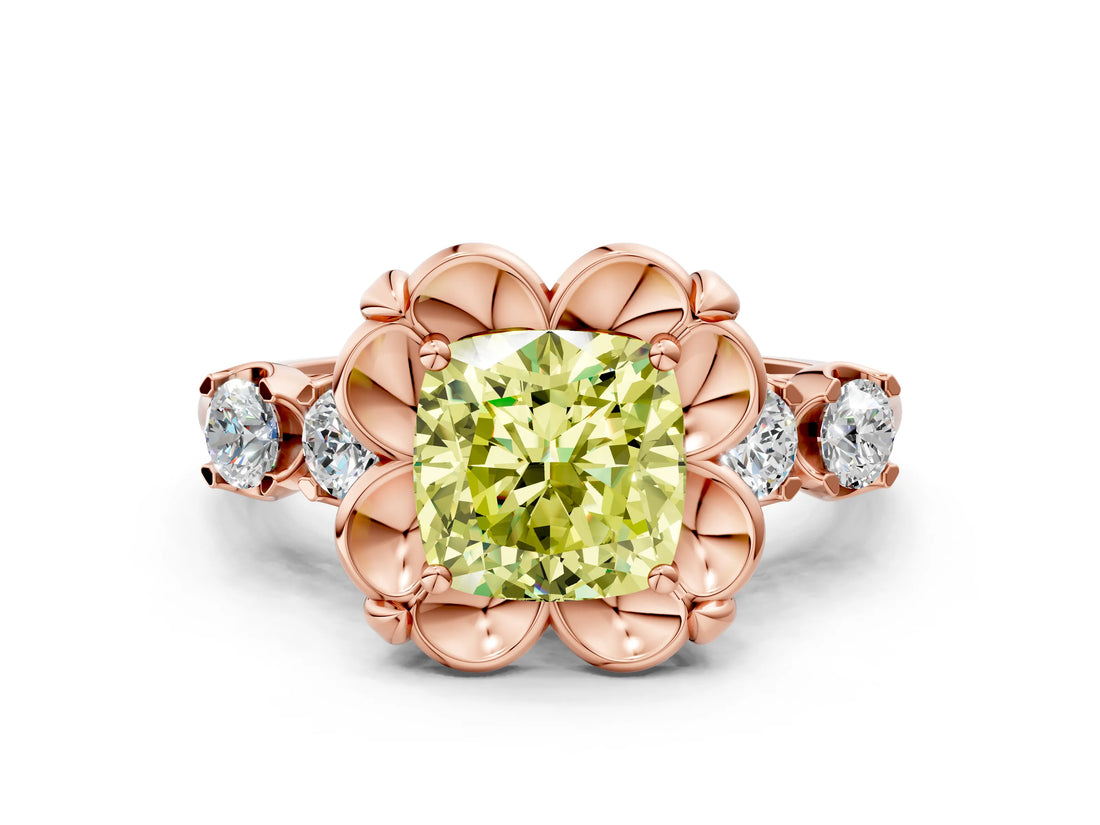 Rose gold Fancy Yellow Cushion  Cut Diamond Floral Halo Engagement Ring with Shared Prong Setting