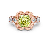 Rose gold Fancy Yellow Cushion  Cut Diamond Floral Halo Engagement Ring with Shared Prong Setting