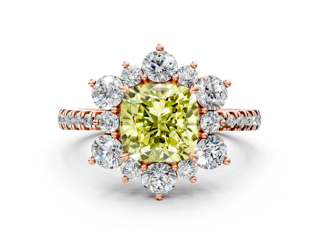 Rose gold Fancy Yellow Cushion  Cut Diamond Floral Halo Pave Band with Prong Setting_37