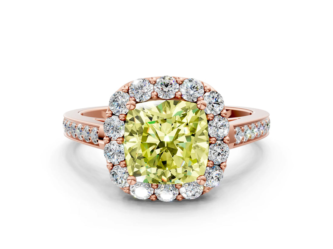 Rose gold Fancy Yellow Cushion Cut Diamond Floral Halo Ring with Pavé Band and Prong Setting_3