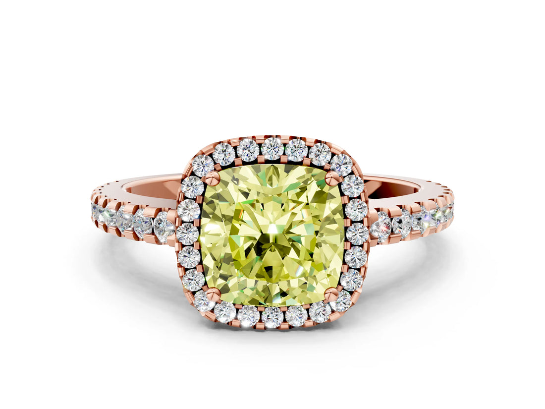 Rose gold Fancy Yellow Cushion Cut Diamond Halo Engagement Ring with Pavé Band and Prong Setting_27