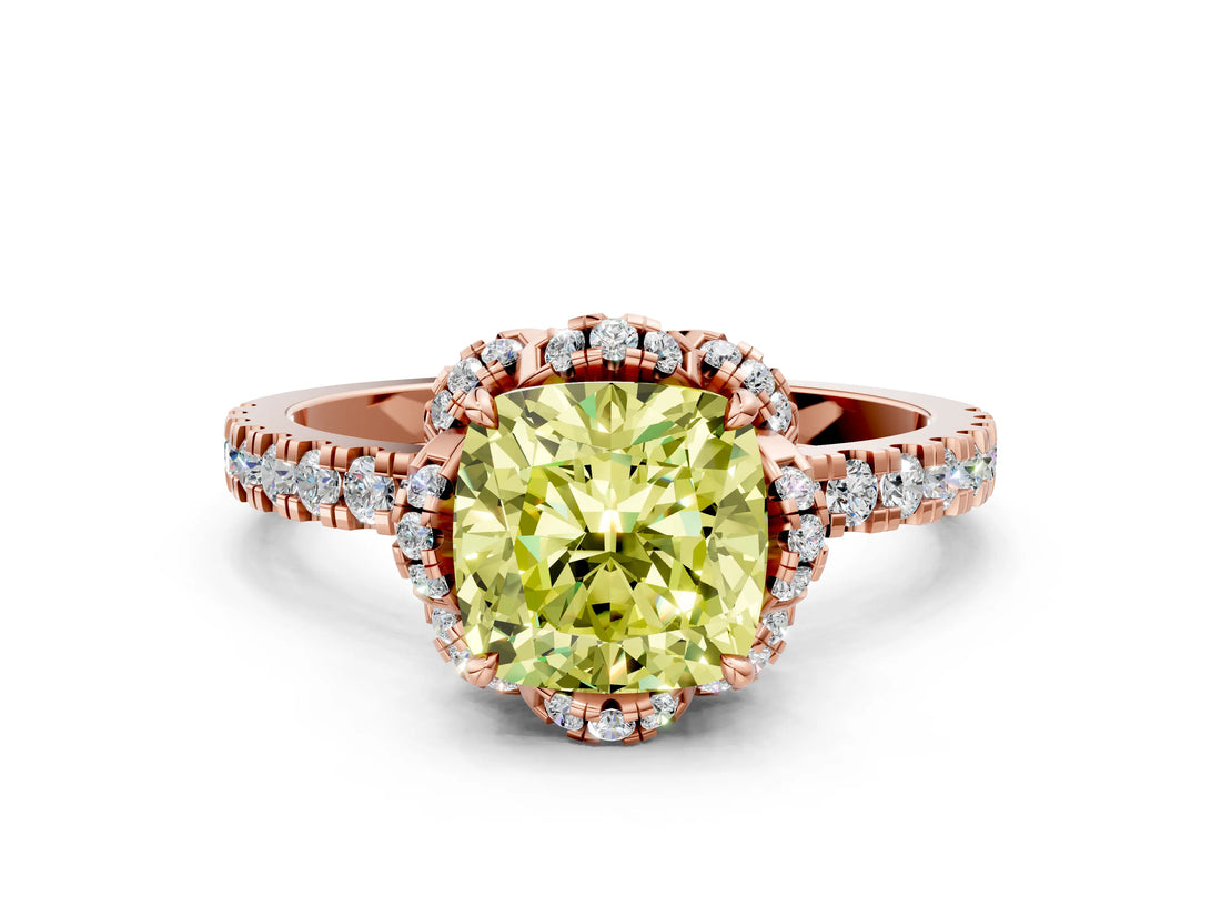 Rose gold Fancy Yellow Cushion Cut Diamond Halo Pave Band with Four-Prong Setting_3