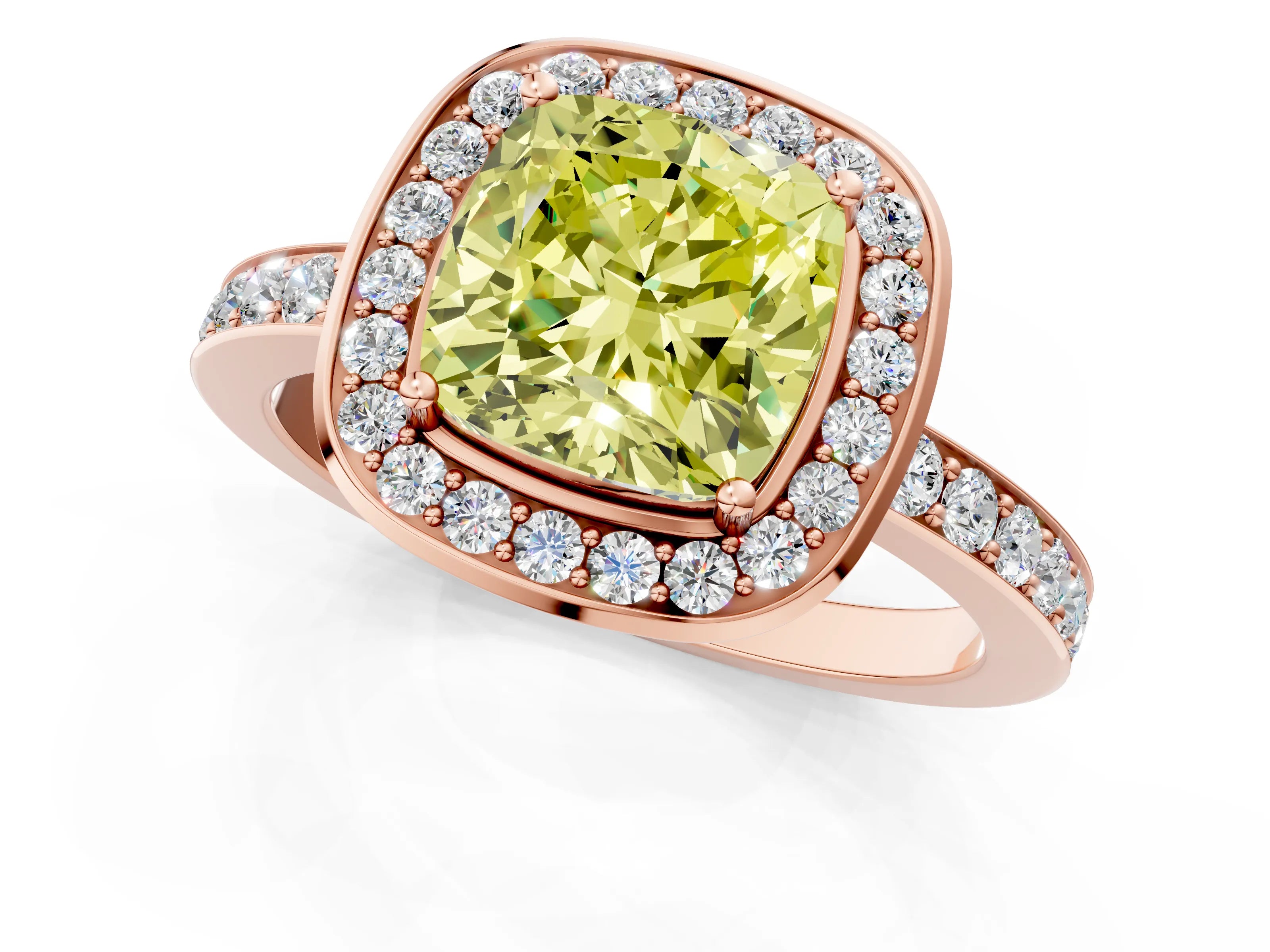 Rose gold Fancy Yellow Cushion Cut Diamond Halo Ring with Bezel Frame and Pavé Band_1