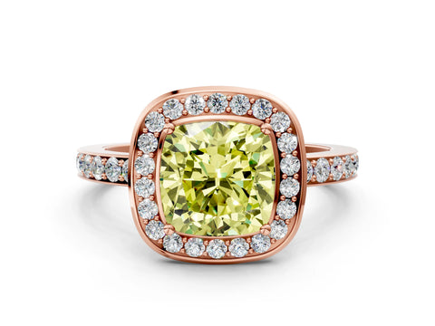 Rose gold Fancy Yellow Cushion Cut Diamond Halo Ring with Bezel Frame and Pavé Band