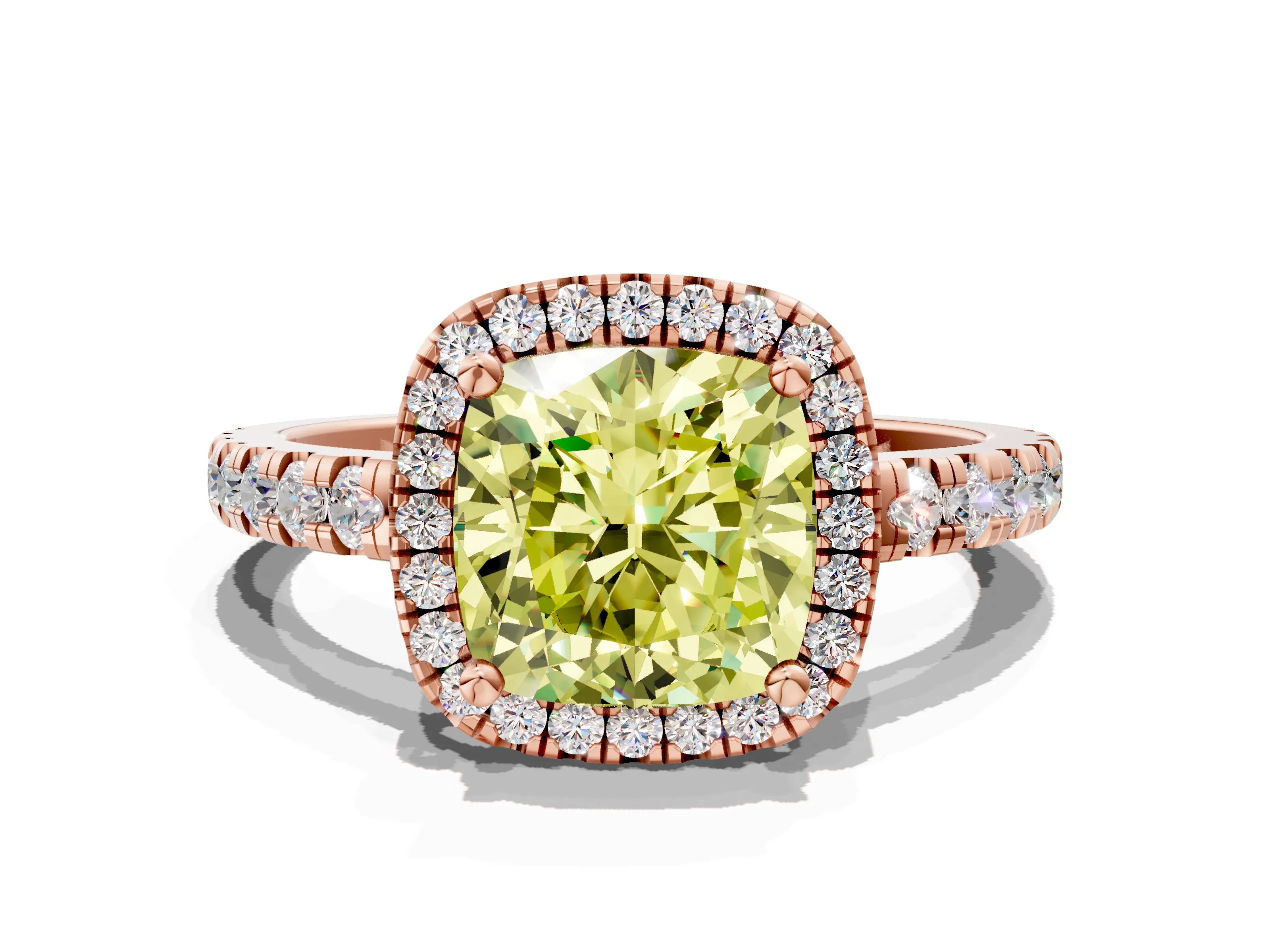 Rose gold Fancy Yellow Cushion Cut Diamond Halo Ring with Pavé Band and Four-Prong Setting