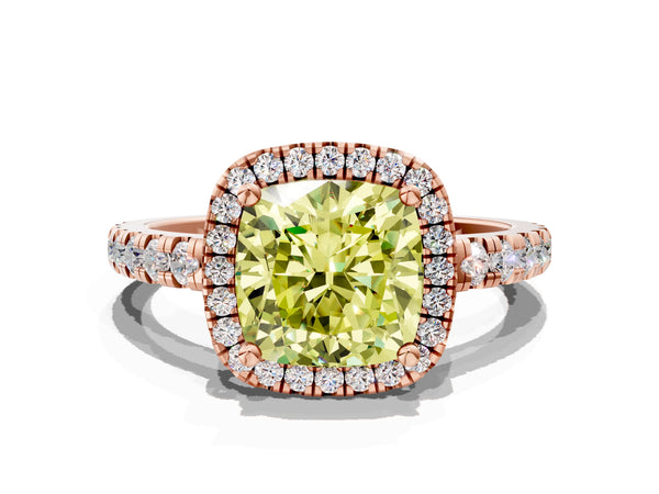 Rose gold Fancy Yellow Cushion Cut Diamond Halo Ring with Pavé Band and Four-Prong Setting