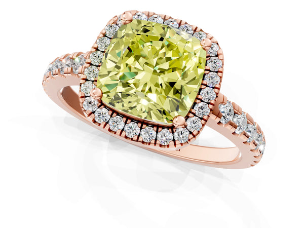 Rose gold Fancy Yellow Cushion Cut Diamond Halo Ring with Pavé Band and Four-Prong Setting