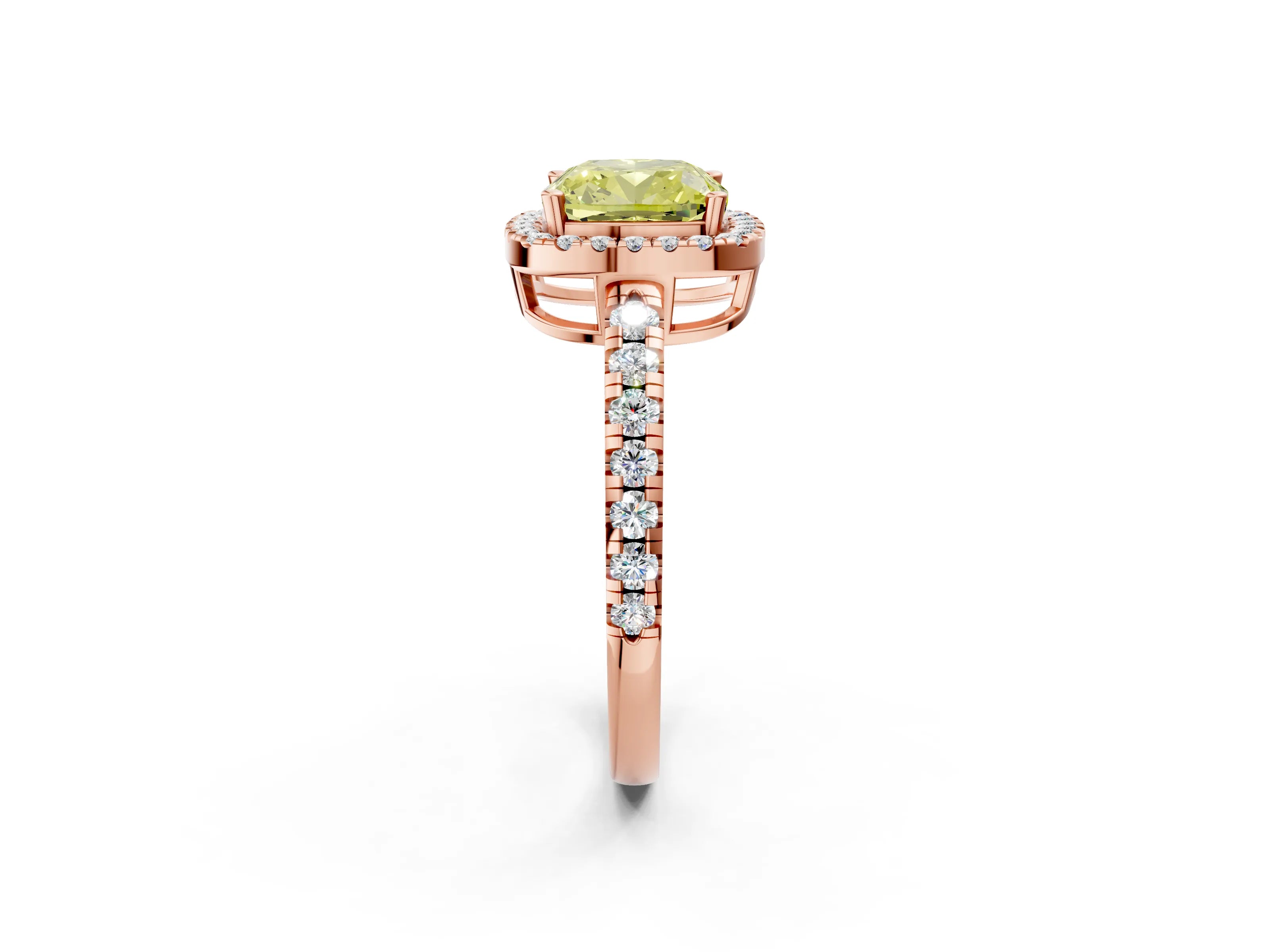 Rose gold Fancy Yellow Cushion Cut Diamond Halo Ring with Pavé Band and Four-Prong Setting_2