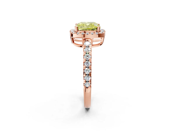 Rose gold Fancy Yellow Cushion Cut Diamond Halo Ring with Pavé Band and Four-Prong Setting