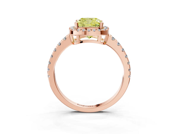 Rose gold Fancy Yellow Cushion Cut Diamond Halo Ring with Pavé Band and Four-Prong Setting