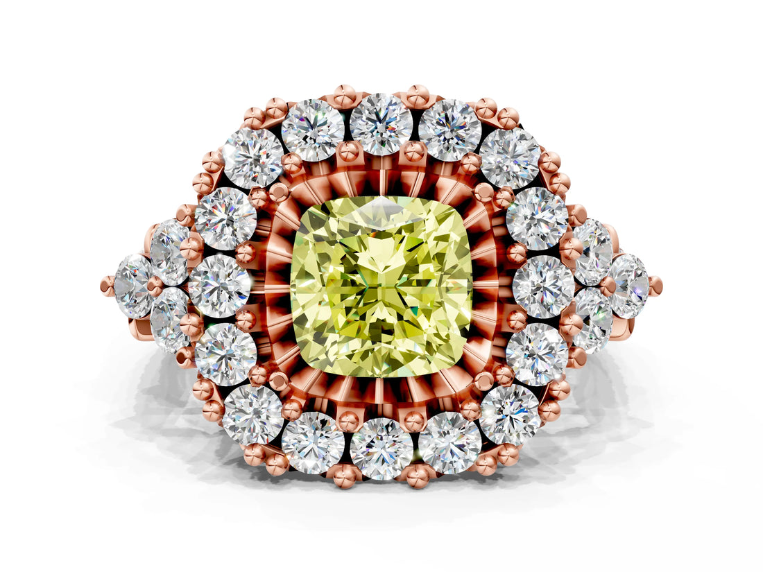Rose gold Fancy Yellow Cushion Cut Diamond Halo Ring with Pavé Band and Four-Prong Setting_40