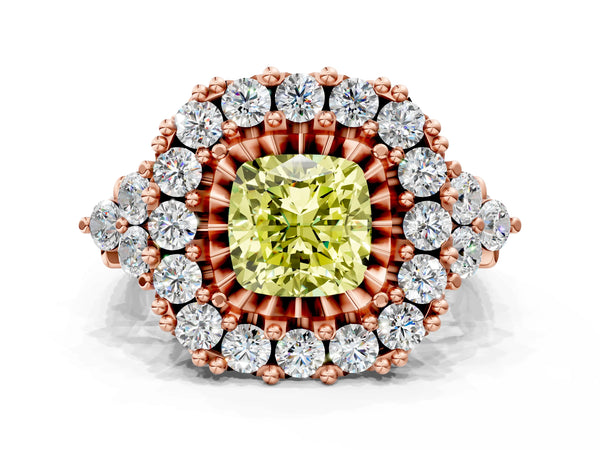 Rose gold Fancy Yellow Cushion Cut Diamond Halo Ring with Pavé Band and Four-Prong Setting