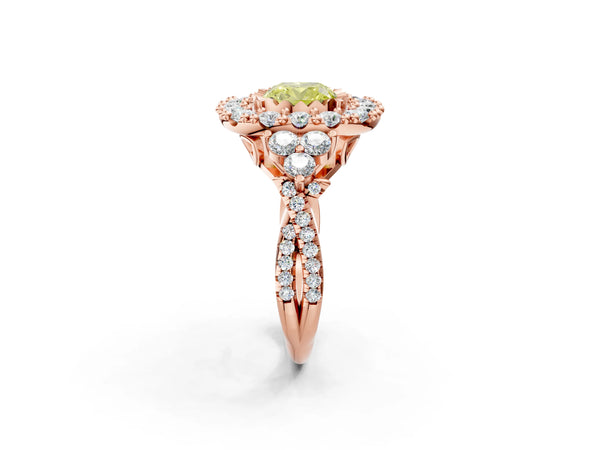 Rose gold Fancy Yellow Cushion Cut Diamond Halo Ring with Pavé Band and Four-Prong Setting