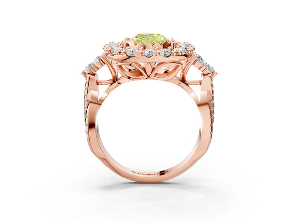Rose gold Fancy Yellow Cushion Cut Diamond Halo Ring with Pavé Band and Four-Prong Setting