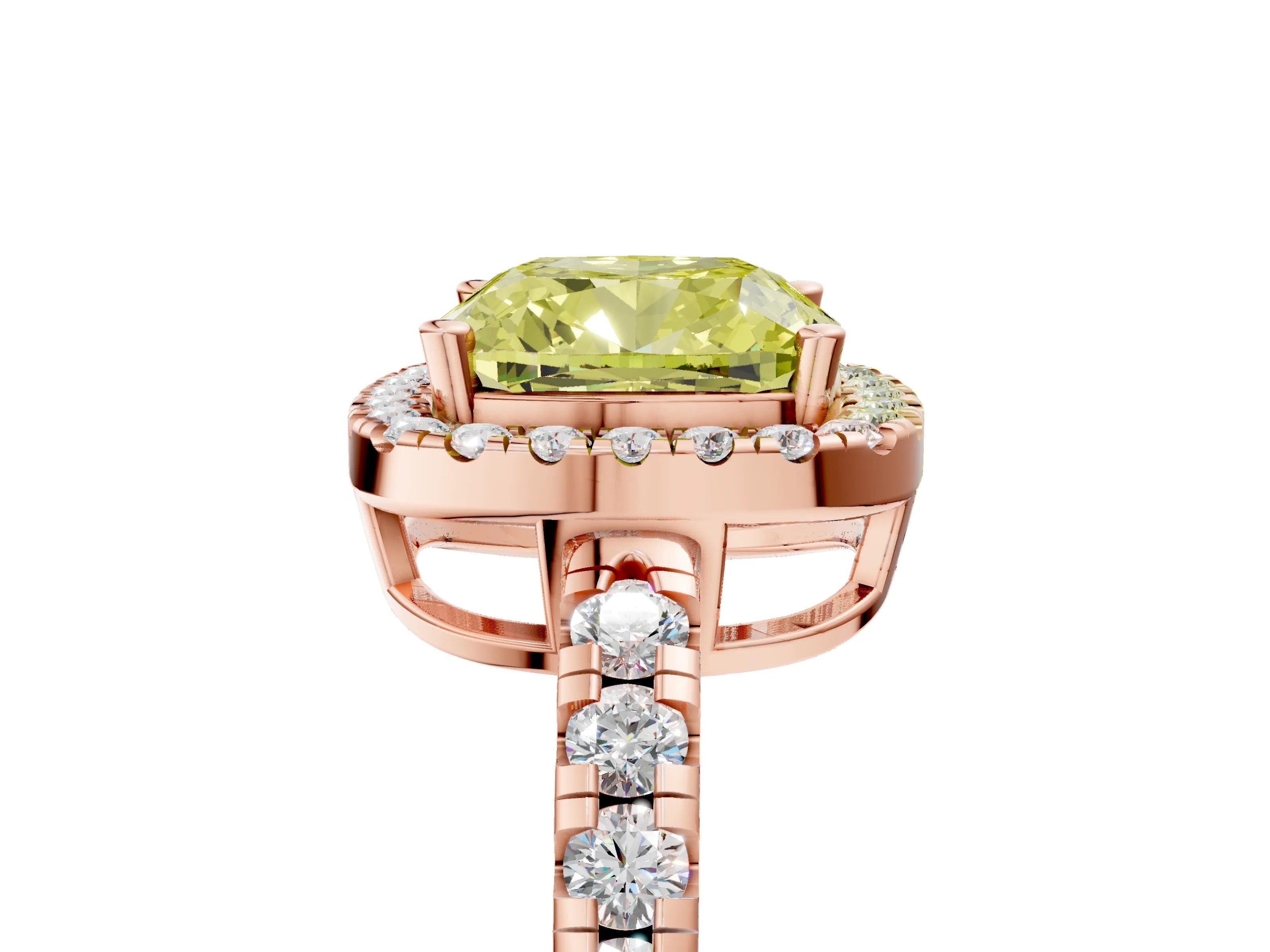 Rose gold Fancy Yellow Cushion Cut Diamond Halo Ring with Pavé Band and Four-Prong Setting_5