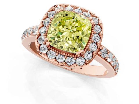 Rose gold Fancy Yellow Cushion Cut Diamond Halo Ring with Pavé Band and Prong Setting_1