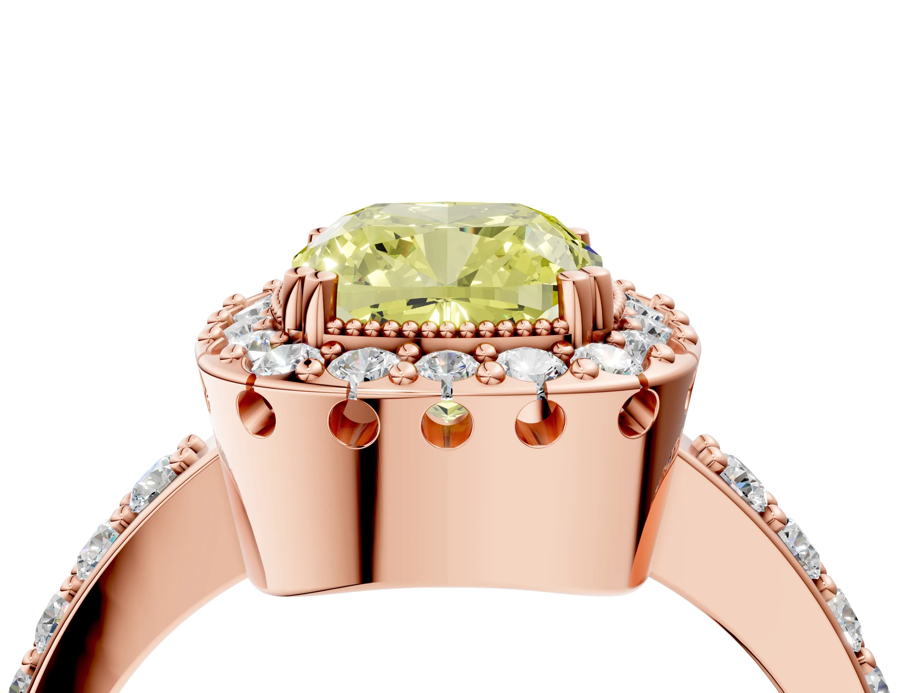 Rose gold Fancy Yellow Cushion Cut Diamond Halo Ring with Pavé Band and Prong Setting_4