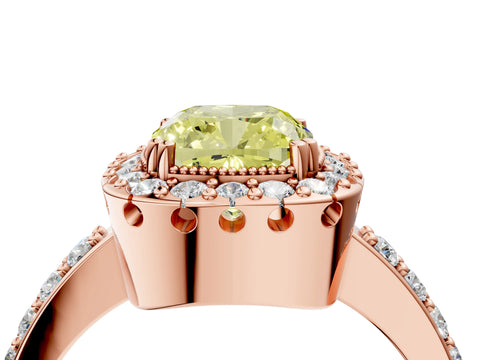 Rose gold Fancy Yellow Cushion Cut Diamond Halo Ring with Pavé Band and Prong Setting_4