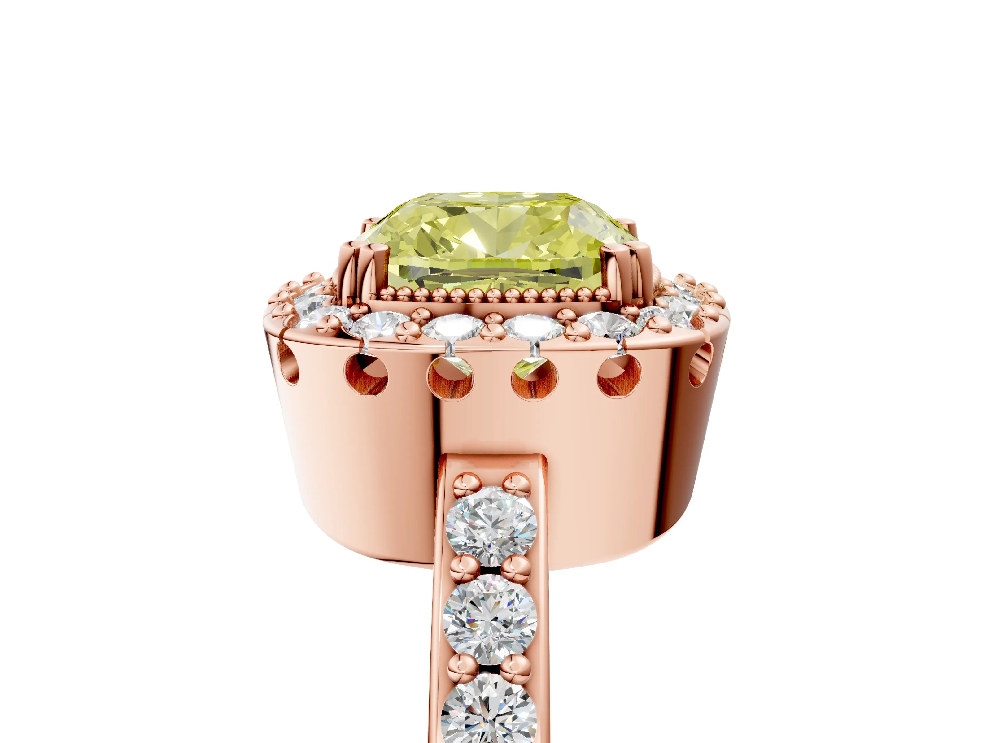 Rose gold Fancy Yellow Cushion Cut Diamond Halo Ring with Pavé Band and Prong Setting_5