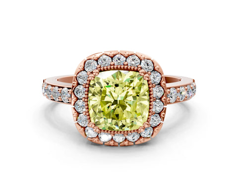 Rose gold Fancy Yellow Cushion Cut Diamond Halo Ring with Pavé Band and Prong Setting