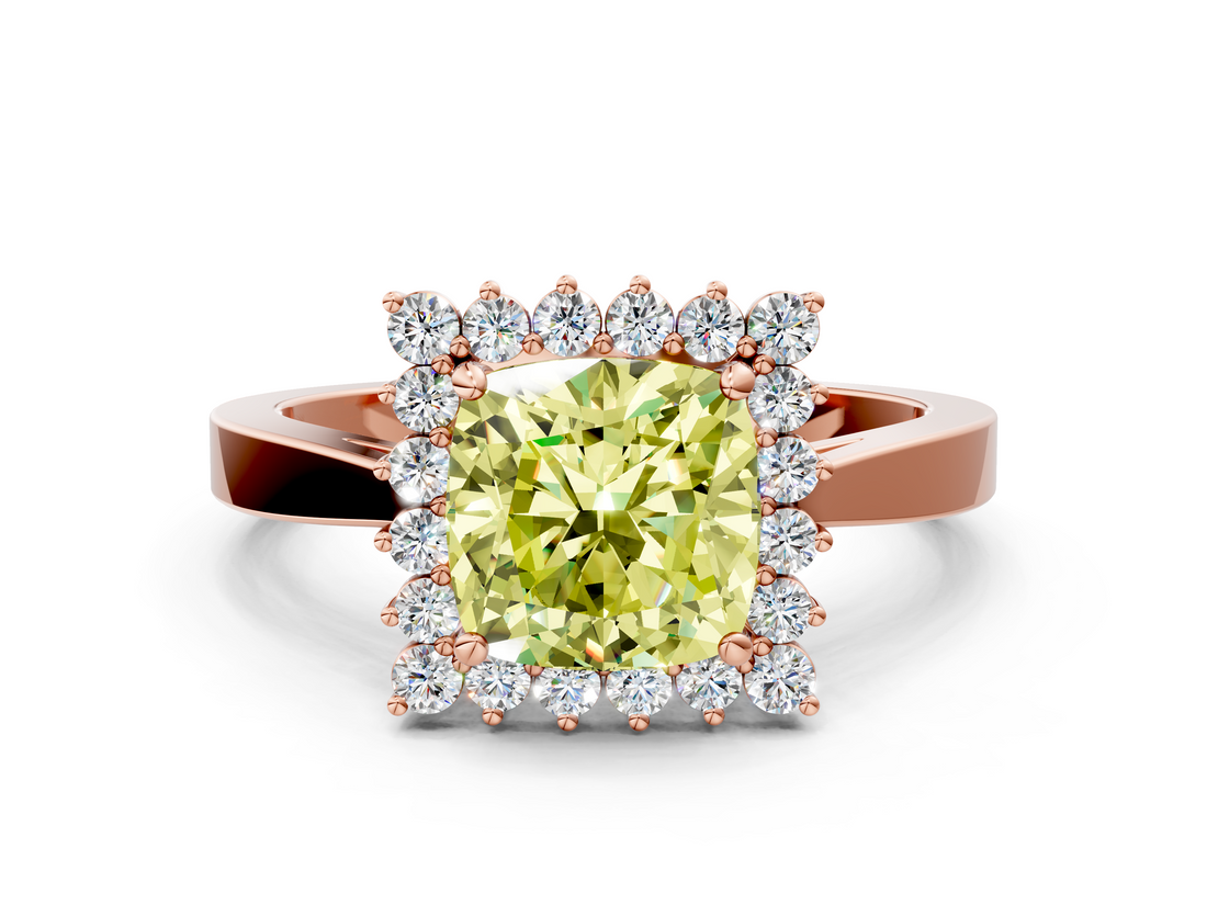 Rose gold Fancy Yellow Cushion  Cut Diamond Halo Ring with Round Brilliant Halo and Solitaire Band_77
