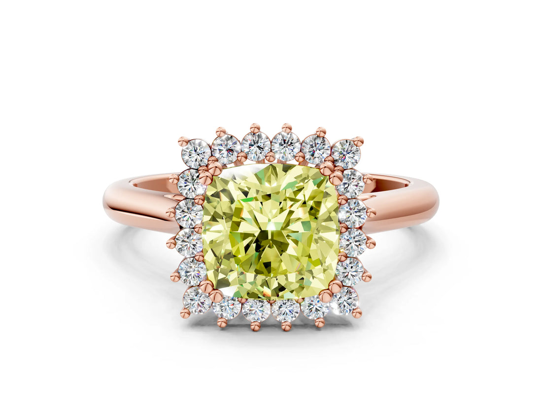 Rose gold Fancy Yellow Cushion  Cut Diamond Halo Ring with Solitaire Band and Prong Setting_53